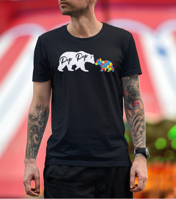 Premium T-Shirt: Mens Pop Pop Bear and Puzzle Autism Awareness T-Shirt Mens Pop Pop Bear and Puzzle Autism Awareness T-Shirt