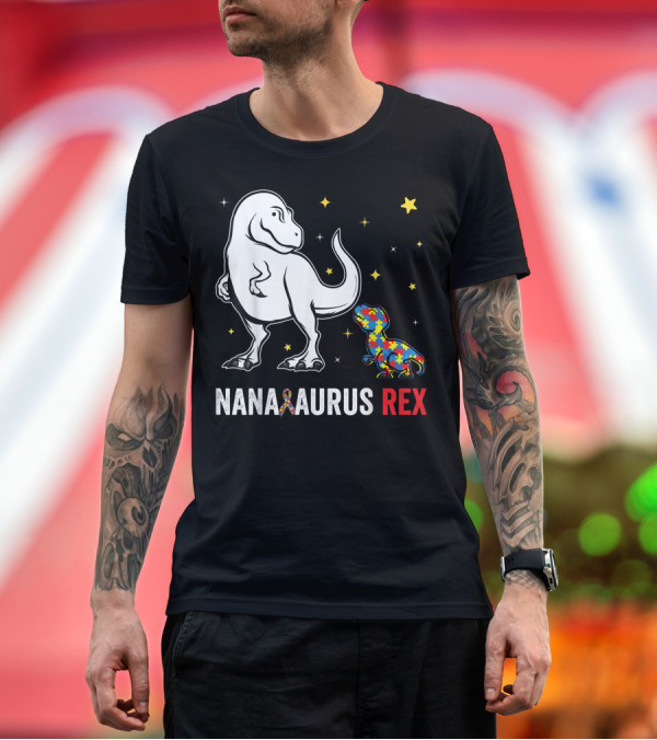 Premium T-Shirt: Nanasaurus Rex Nana and Kids Autism Awareness Puzzle Dinosaur with Stars T-Shirt Nanasaurus Rex Nana and Kids Autism Awareness Puzzle Dinosaur with Stars T-Shirt