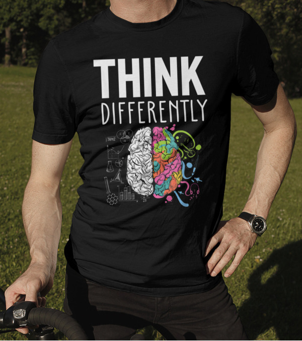 Think Differently Neurodiversity Colorful Brain With Scientific And Artistic Symbols T-Shirt