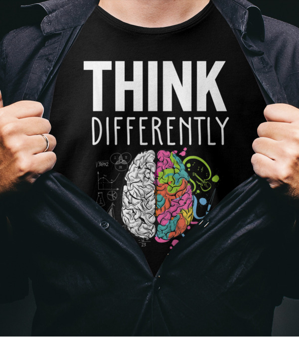 Think Differently Neurodiversity Colorful Brain With Scientific And Artistic Symbols T-Shirt