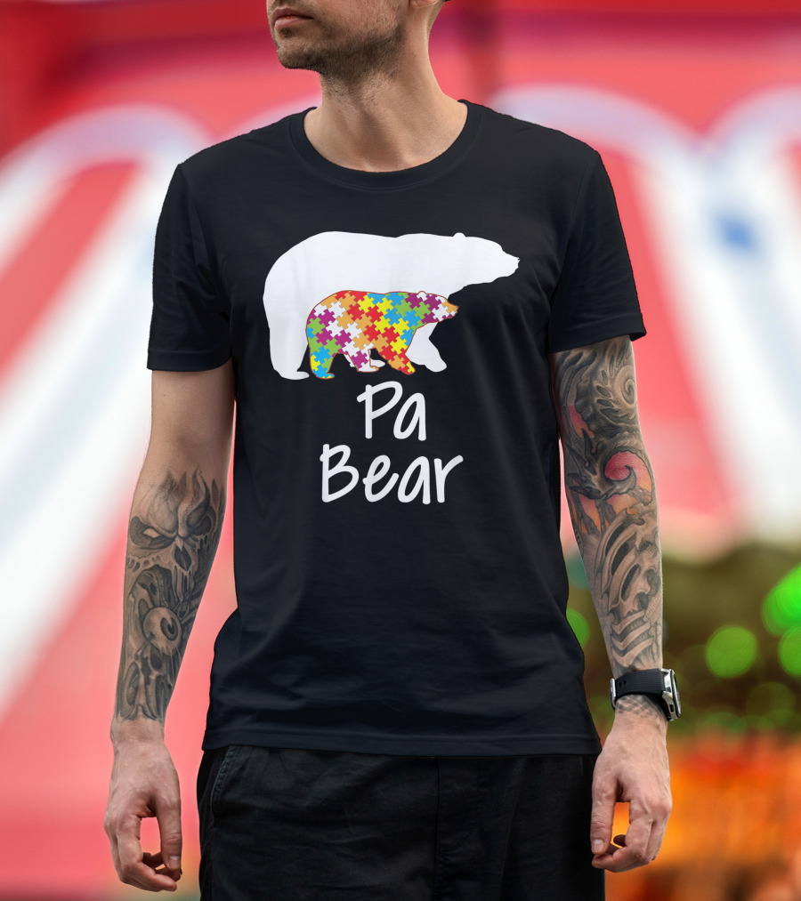 Pa Bear Autism Awareness Rainbow Puzzle Ribbon Day T-Shirt