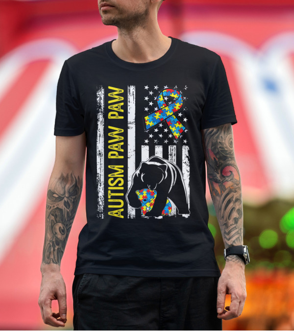 Premium T-Shirt: Autism Paw Paw Puzzle Ribbon Distressed American Flag Bear T-Shirt Autism Paw Paw Puzzle Ribbon Distressed American Flag Bear T-Shirt