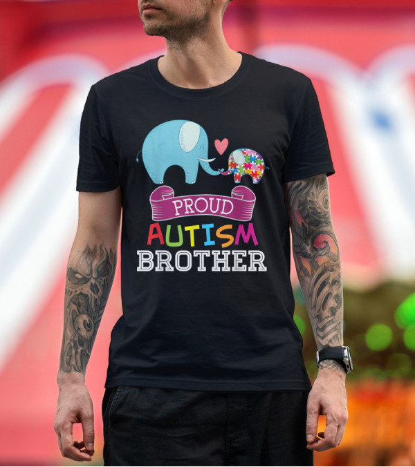 Premium T-Shirt: Proud Autism Brother Elephant with Heart and Puzzle Pattern Rainbow Awareness T-Shirt Proud Autism Brother Elephant with Heart and Puzzle Pattern Rainbow Awareness T-Shirt