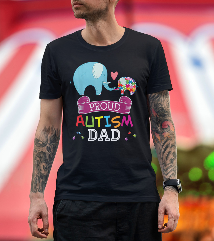 Proud Autism Dad Rainbow Puzzle Elephant Heart Connection T-Shirt