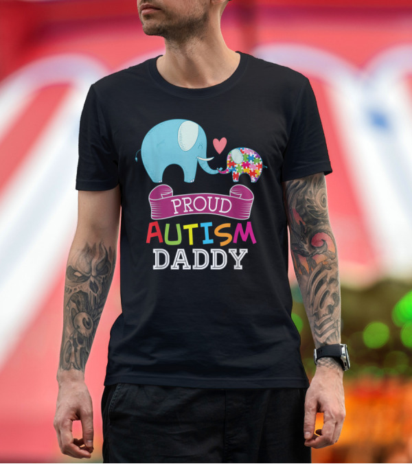 Premium T-Shirt: Proud Autism Daddy Elephants with Puzzle Heart Rainbow T-Shirt Proud Autism Daddy Elephants with Puzzle Heart Rainbow T-Shirt