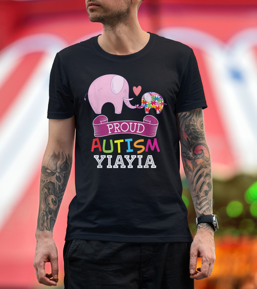 Proud Autism Yiayia Rainbow Puzzle Elephant Awareness Day T-Shirt