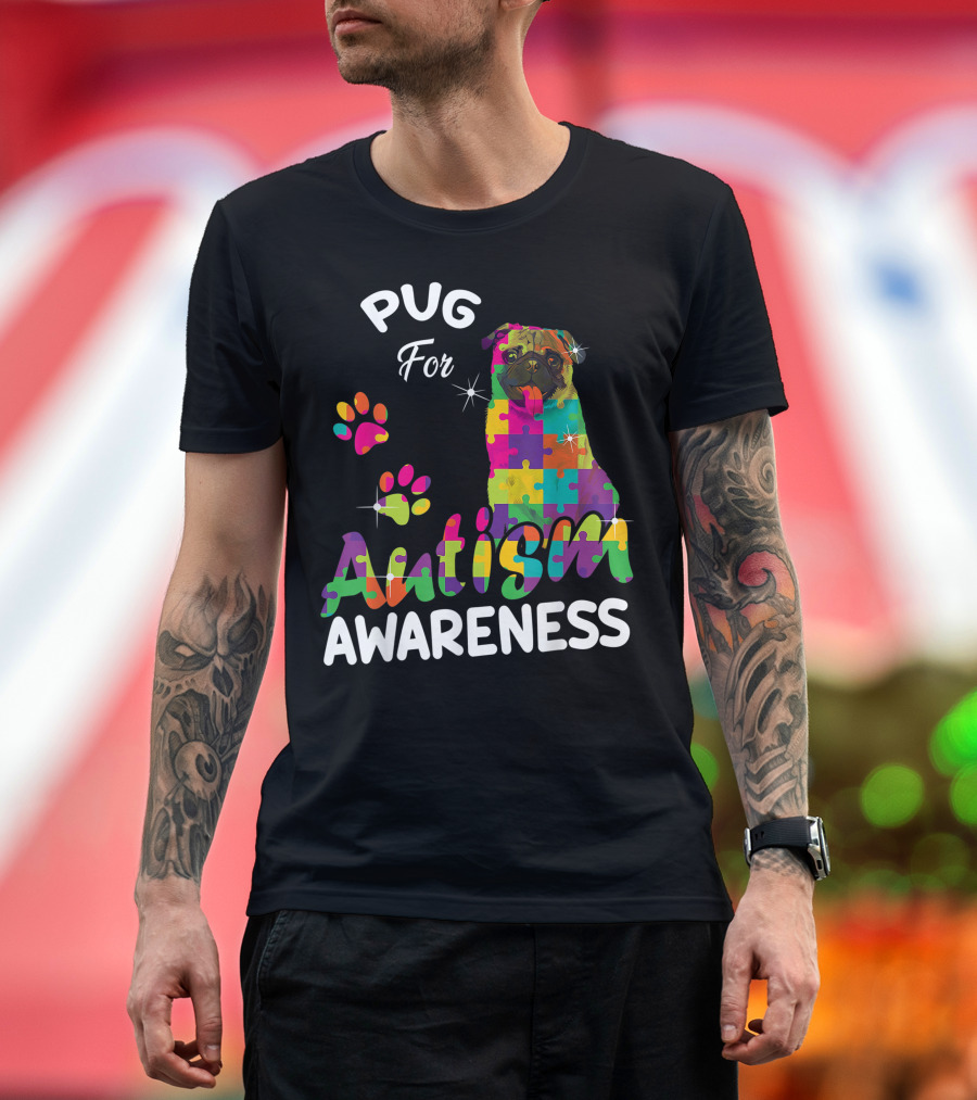 Pug For Autism Awareness Puzzle Pieces Colorful Pug Lover T-Shirt