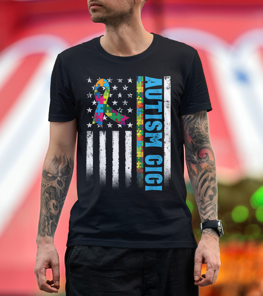 Retro American Flag Puzzle Ribbon Autism Gigi Awareness Autistic T-Shirt