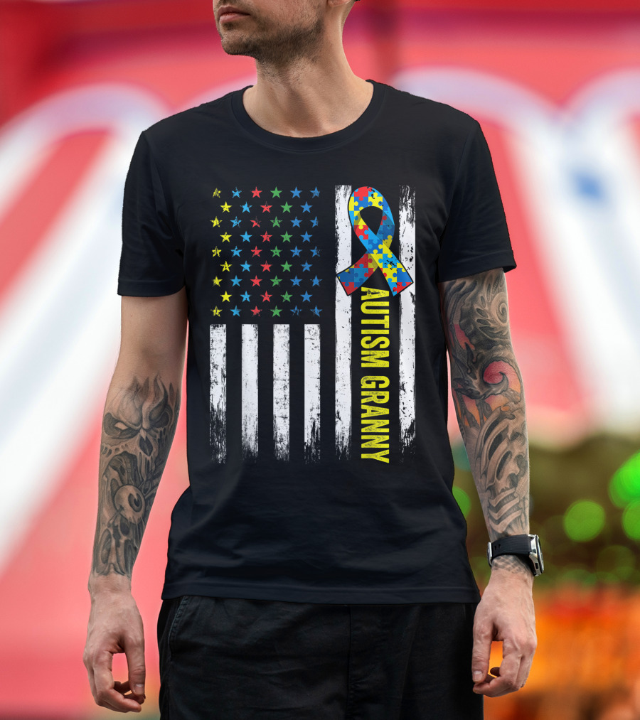 Autism Granny Awareness with Retro American Flag and Puzzle T-Shirt