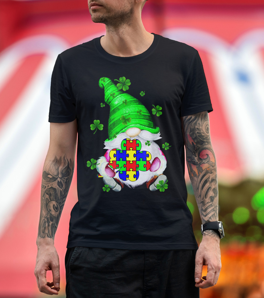 St Patricks Day Gnomes Shamrock Puzzle Autism Awareness T-Shirt