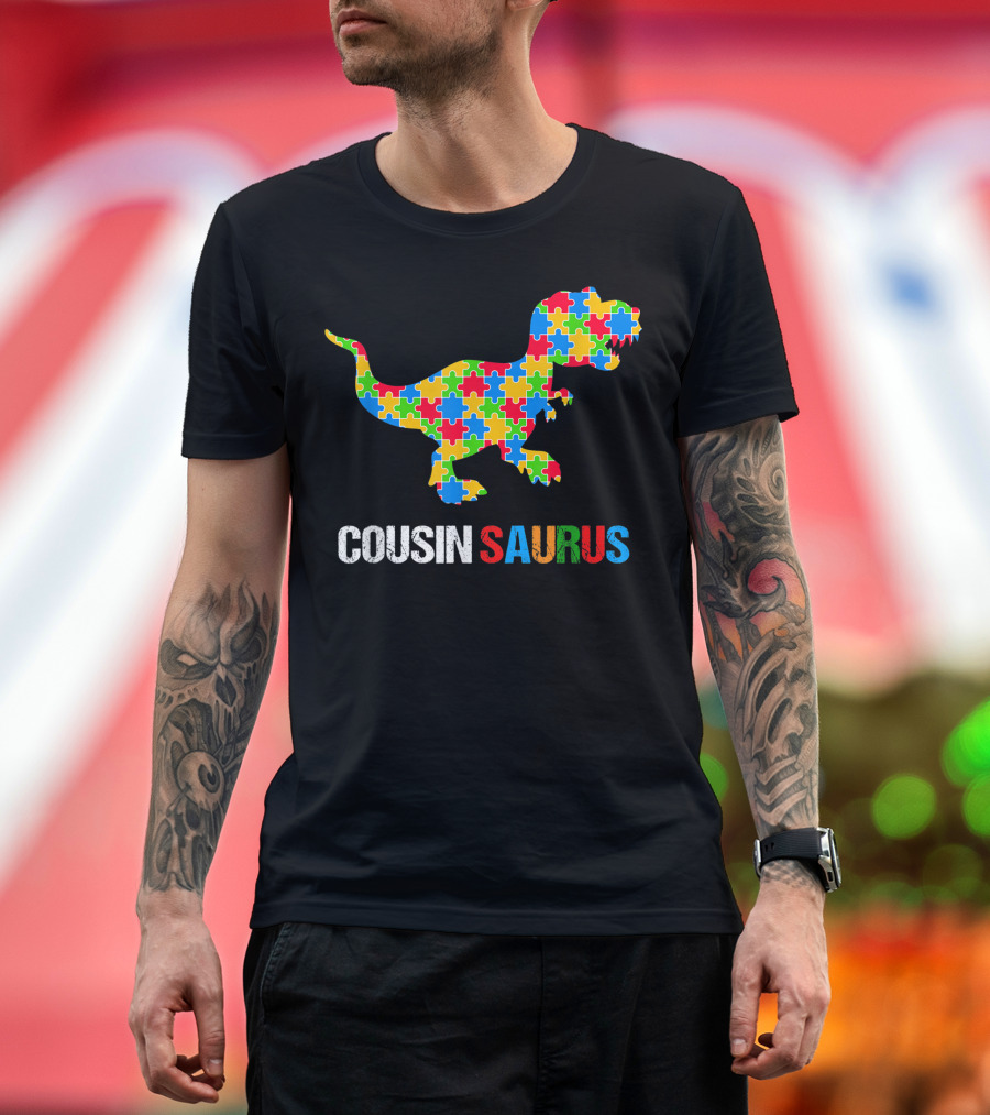Cousin Saurus Autism Awareness Dinosaur Puzzle T-Shirt