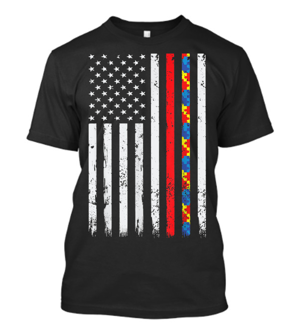 Thin Red Line Firefighter Autism Support American Flag 4th July T-Shirt