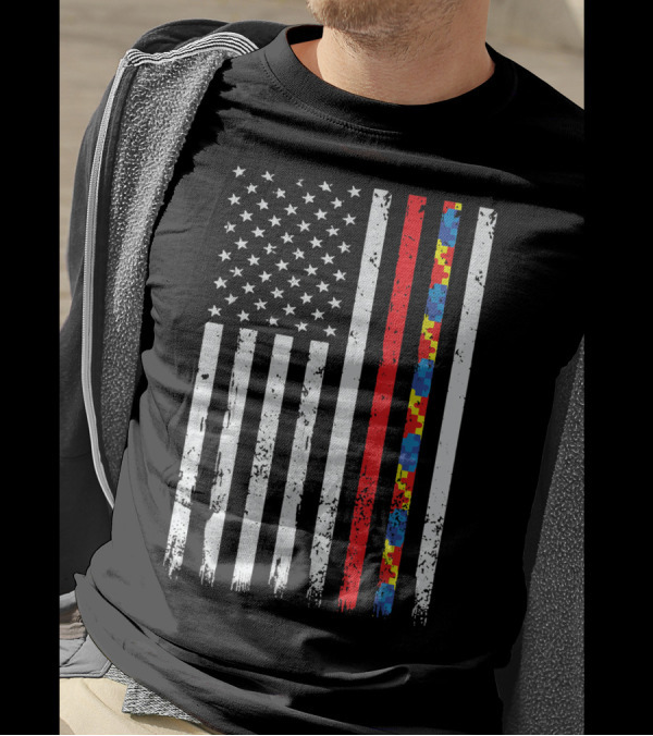 Thin Red Line Firefighter Autism Support American Flag 4th July T-Shirt