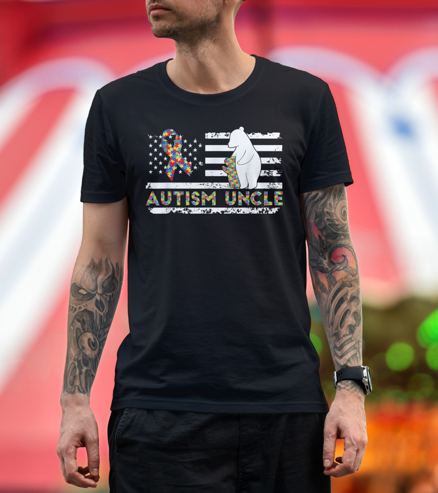 Autism Uncle Awareness Bear American Flag Vintage Support T-Shirt