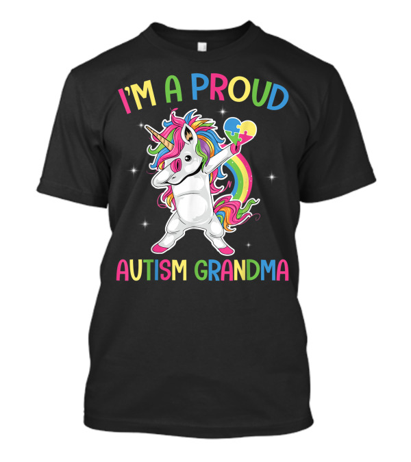 I'm A Proud Autism Grandma Unicorn Dabbing With Puzzle Heart T-Shirt