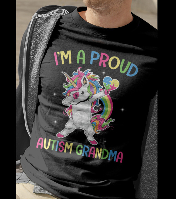 I'm A Proud Autism Grandma Unicorn Dabbing With Puzzle Heart T-Shirt