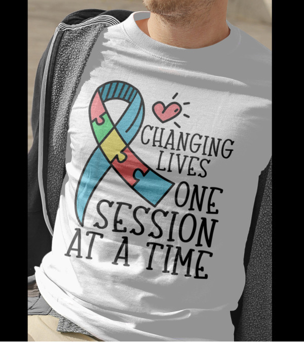 Autism ABA OT Teacher Changing Lives One Session At A Time Puzzle Ribbon Heart T-Shirt