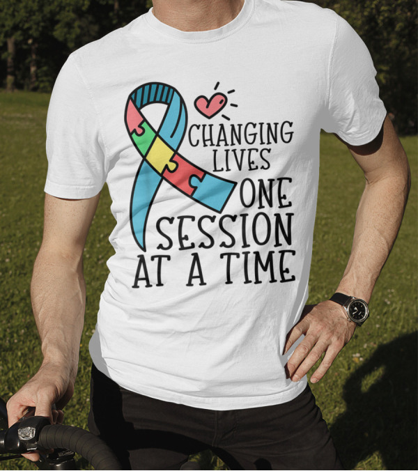 Autism ABA OT Teacher Changing Lives One Session At A Time Puzzle Ribbon Heart T-Shirt