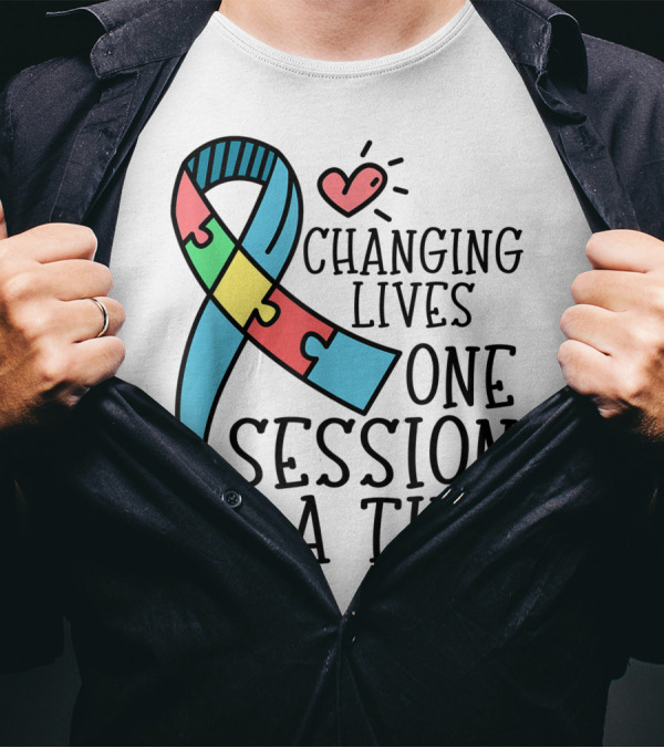 Autism ABA OT Teacher Changing Lives One Session At A Time Puzzle Ribbon Heart T-Shirt