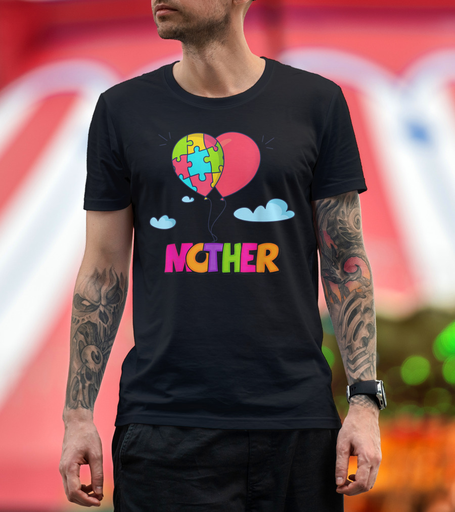 Autism Awareness Mother Heart Puzzle Balloon Clouds T-Shirt