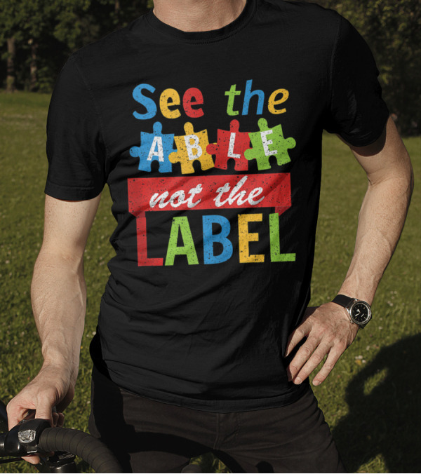 Autism Awareness See The Able Not The Label Vintage Puzzle Pieces T-Shirt