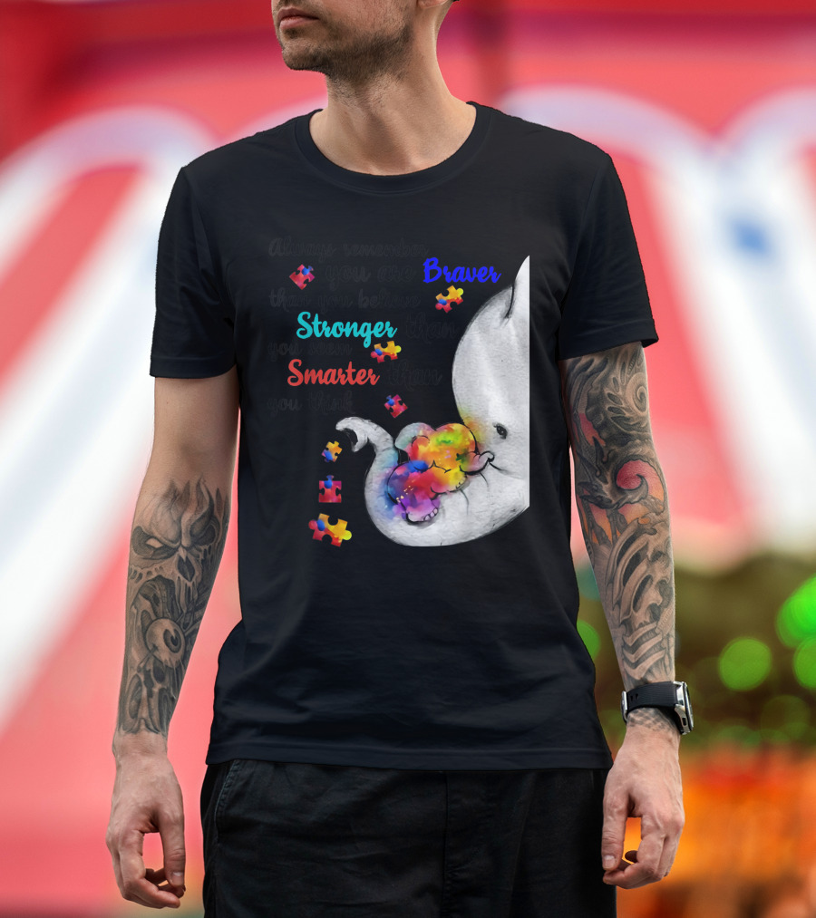 Always Remember You Are Braver Stronger Smarter Than You Believe Autism Elephant Puzzle T-Shirt