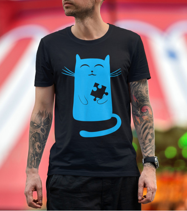 Premium T-Shirt: Autism Kitty Blue Cat Puzzle Piece Drawing T-Shirt Autism Kitty Blue Cat Puzzle Piece Drawing T-Shirt