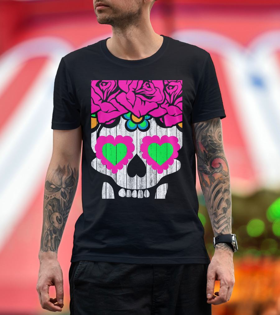 Ballet Folklorico Por Vida Sugar Skull Colorful Floral T-Shirt
