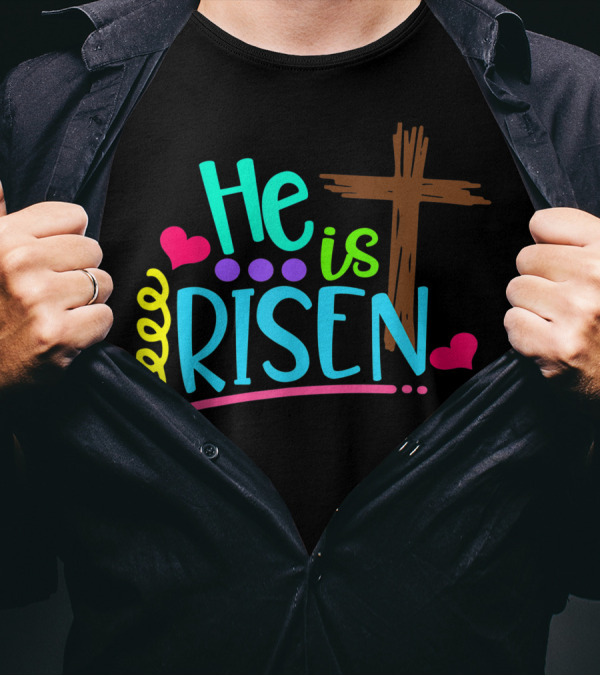 He Is Risen Scripture Matthew 286 Colorful Cross Hearts T-Shirt