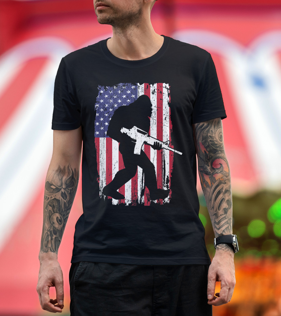 Bigfoot 2nd Amendment Right to Bear Arms with American Flag Background T-Shirt