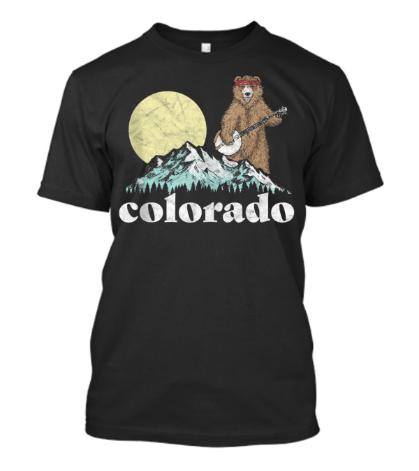 Colorado Bear Playing Banjo With Mountains And Moon T-Shirt