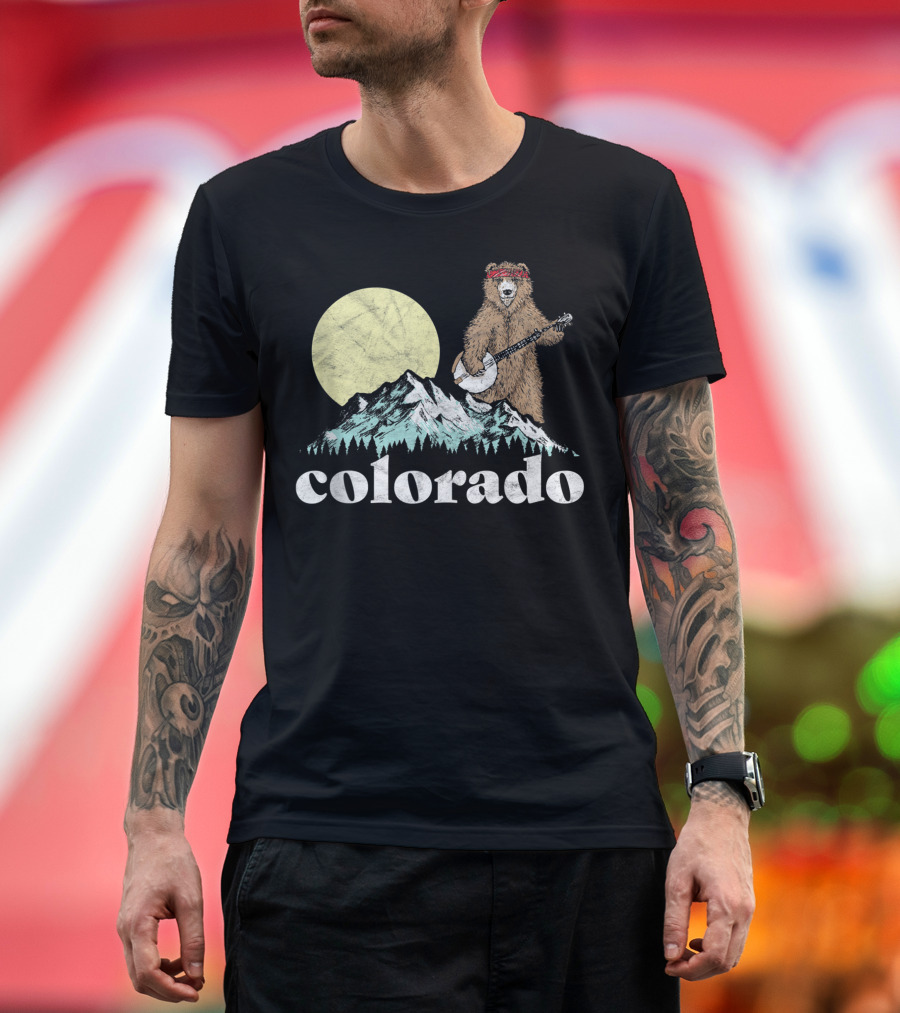 Colorado Bear Playing Banjo with Mountains and Moon T-Shirt