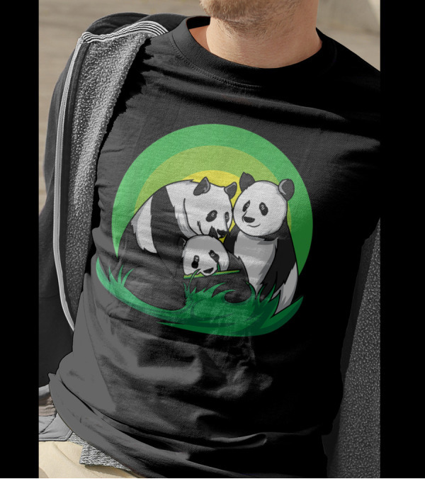 Cute Panda Bears Cuddling I Panda Family Green Background T-Shirt