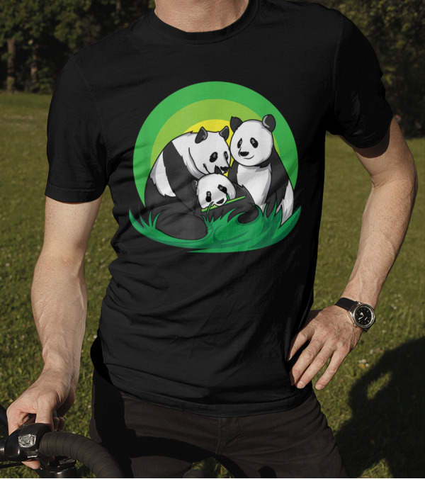 Cute Panda Bears Cuddling I Panda Family Green Background T-Shirt