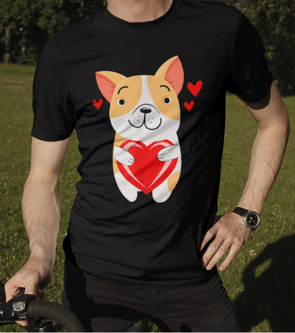 Valentine's Day Dog Hugging Heart With Red Love Symbols For Him And Her T-Shirt