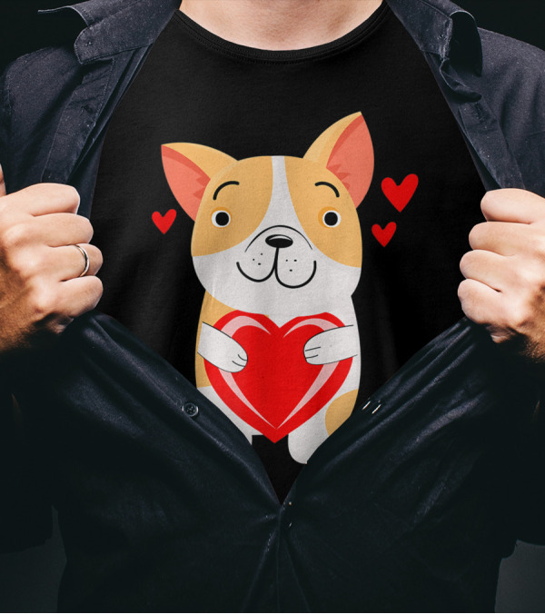 Valentine's Day Dog Hugging Heart With Red Love Symbols For Him And Her T-Shirt