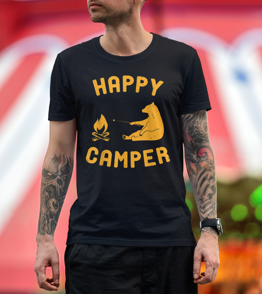 HAPPY CAMPER BEAR ROASTING MARSHMALLOW BY BONFIRE T-Shirt