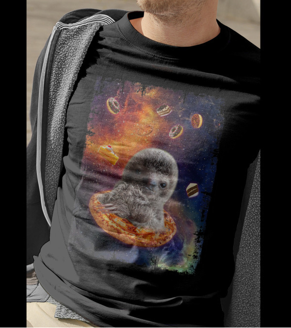 Lazy Sloth Bear Floating On Pizza In Space With Donuts And Cake T-Shirt