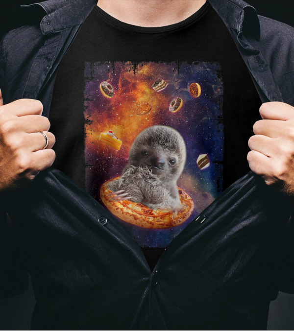 Lazy Sloth Bear Floating On Pizza In Space With Donuts And Cake T-Shirt