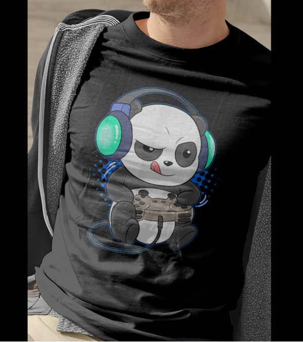 Mens Cute Gaming Panda Headphones Controller Video Game Player T-Shirt