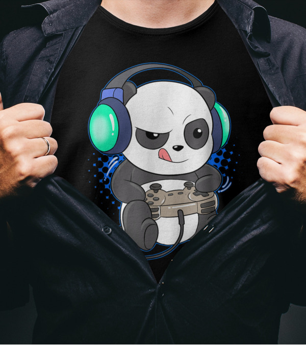 Mens Cute Gaming Panda Headphones Controller Video Game Player T-Shirt