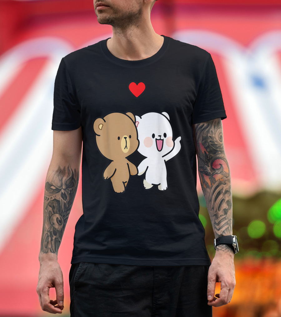 Milk Mocha Bear Walking In Love Valentines Heart Duo T-Shirt