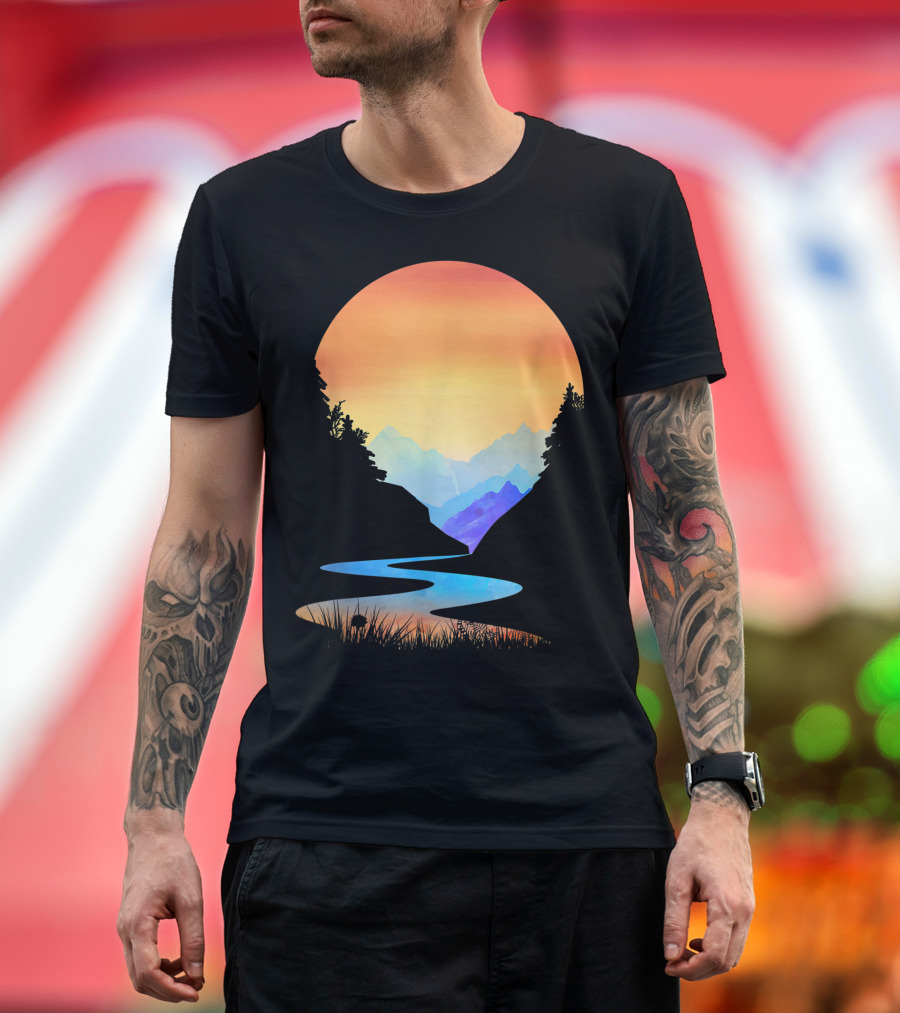 Vintage Sunset Outdoor Mountains Sun Nature Scene T-Shirt
