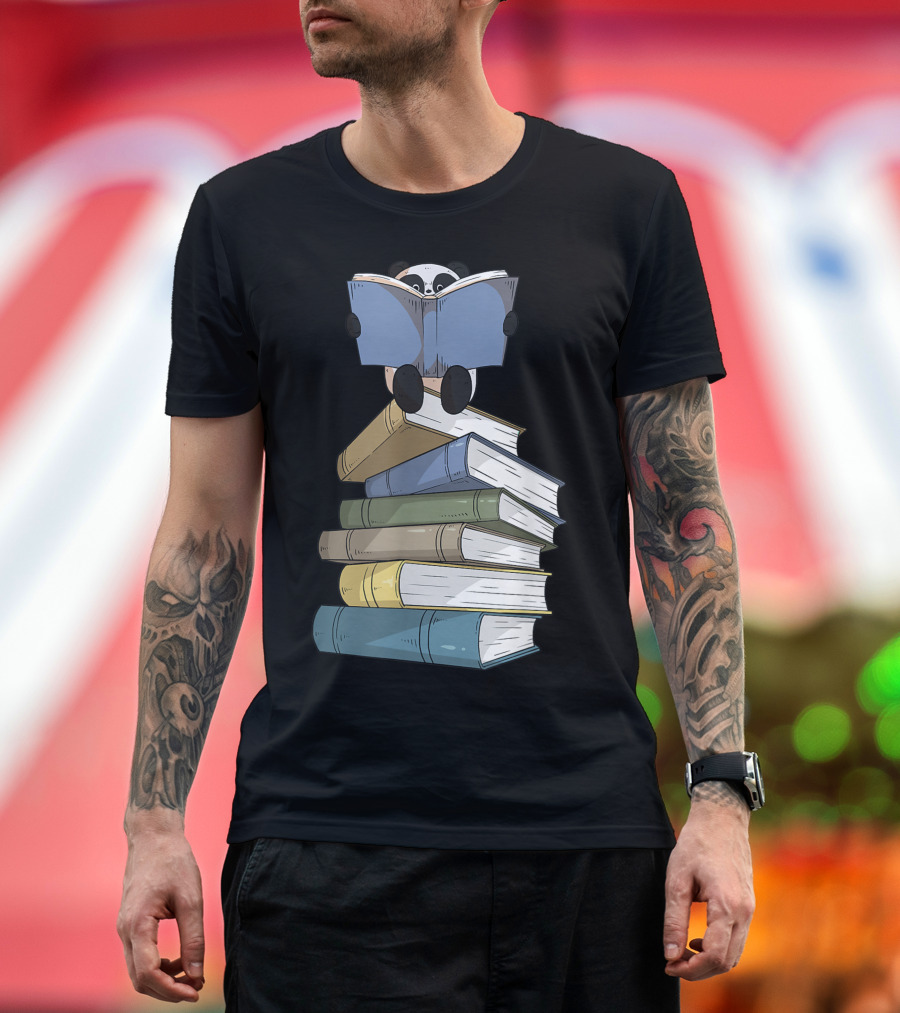 Panda Sitting on Book Stack Cute Reading Panda Bear Lover T-Shirt