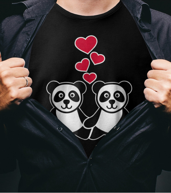 Pandas In Love With Red Hearts T-Shirt