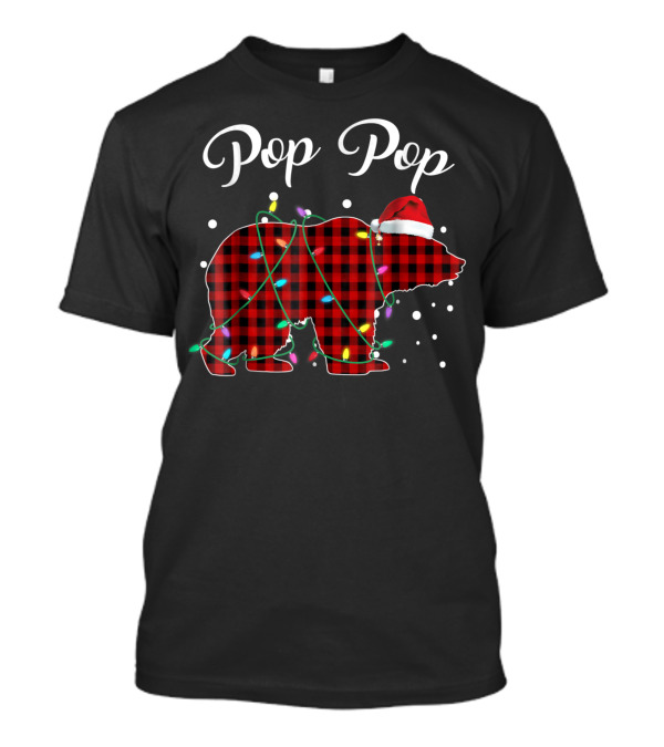 Pop Pop Christmas Red Plaid Bear With Lights And Santa Hat T-Shirt