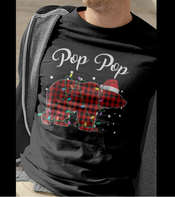 Pop Pop Christmas Red Plaid Bear With Lights And Santa Hat T-Shirt
