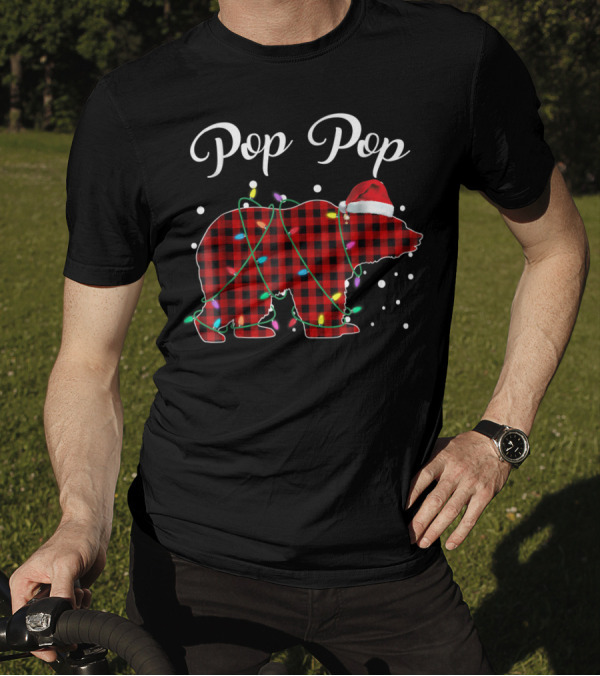 Pop Pop Christmas Red Plaid Bear With Lights And Santa Hat T-Shirt