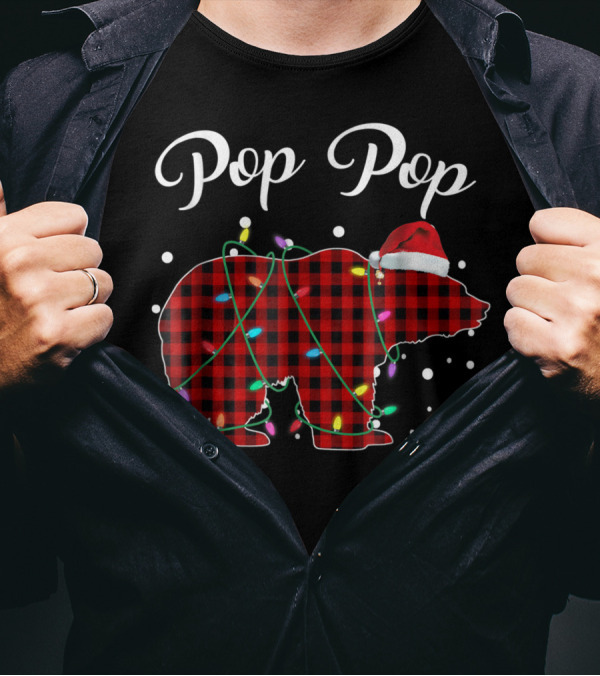 Pop Pop Christmas Red Plaid Bear With Lights And Santa Hat T-Shirt
