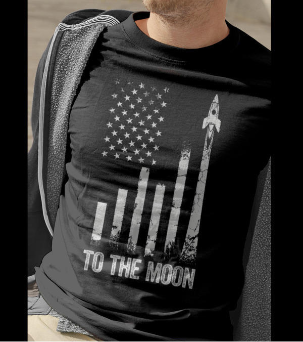 To The Moon Bitcoin Crypto US Flag Rocket WSB Trading T-Shirt